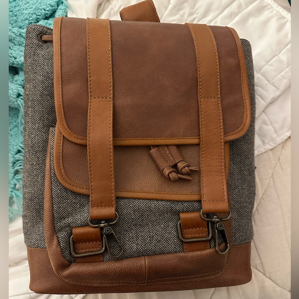 One of a Kind Leather and Grey Herringbone Tweed Backpack
